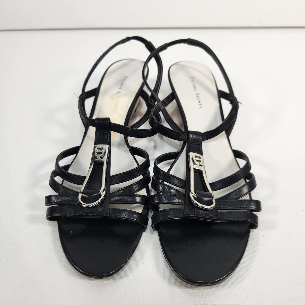 Etienne Aigner Greta Strappy Wedge Slingback Sandal Heels Black Size 8.5 Stretch